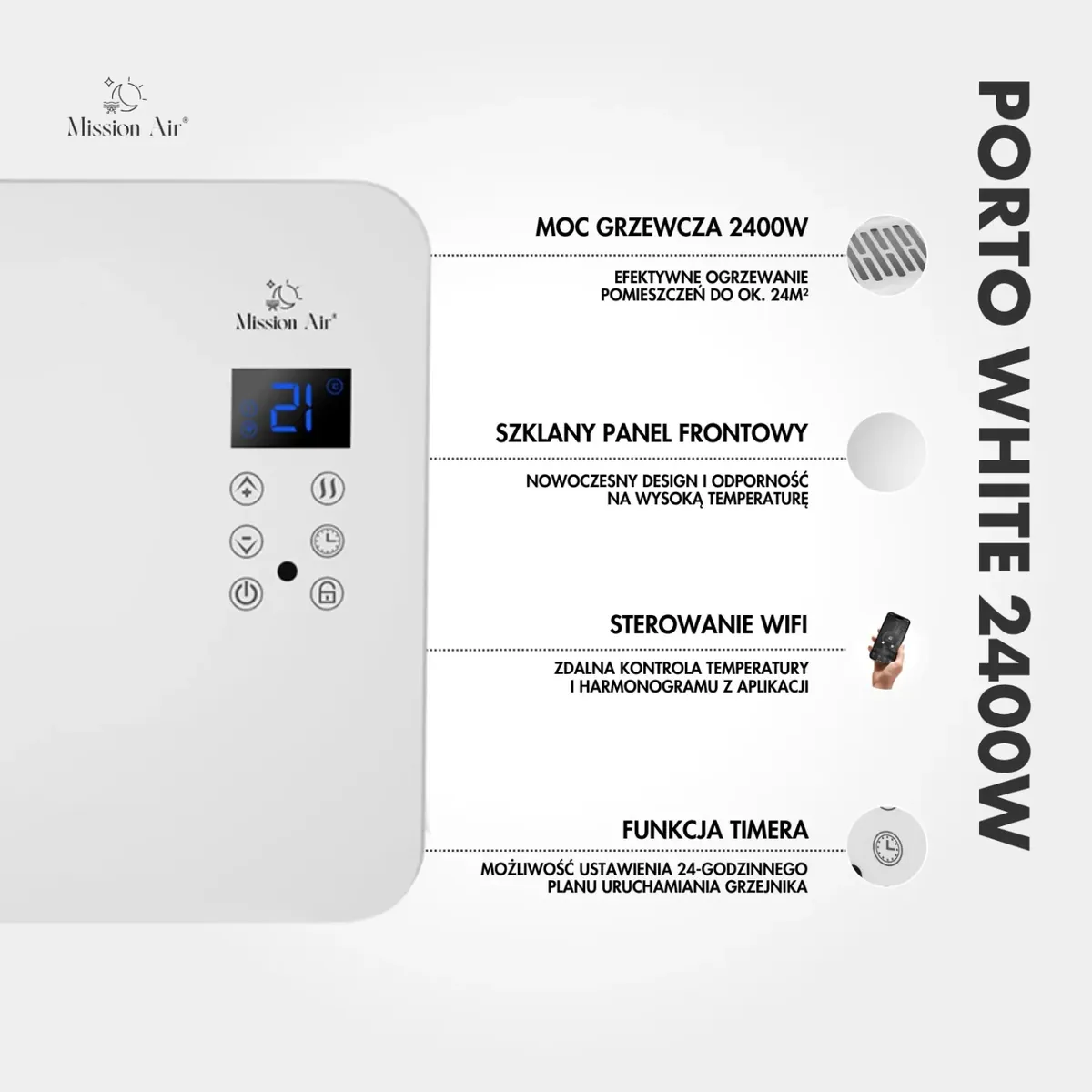 Grzejnik konwektorowy Mission Air PORTO 2400 W – Elektryczny, Biały 7 - CzystyTlen.pl Grzejnik konwektorowy Mission Air PORTO 2400 W – Elektryczny, Biały - obrazek 5