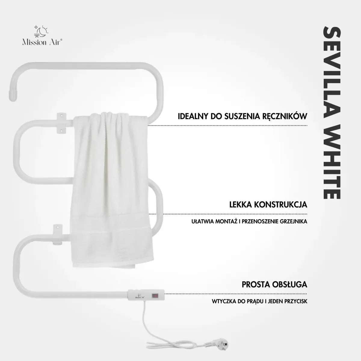 Grzejnik łazienkowy Mission Air SEVILLA WHITE 100 W – IP24, wolnostojący/ścienny, Biały 8 - CzystyTlen.pl Grzejnik łazienkowy Mission Air SEVILLA WHITE 100 W – IP24, wolnostojący/ścienny, Biały - obrazek 6