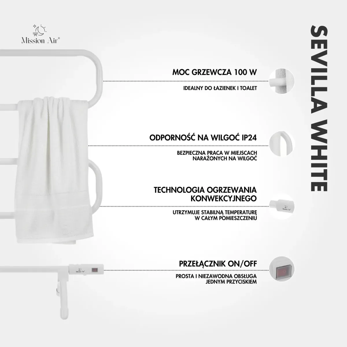 Grzejnik łazienkowy Mission Air SEVILLA WHITE 100 W – IP24, wolnostojący/ścienny, Biały 11 - CzystyTlen.pl Grzejnik łazienkowy Mission Air SEVILLA WHITE 100 W – IP24, wolnostojący/ścienny, Biały - obrazek 9