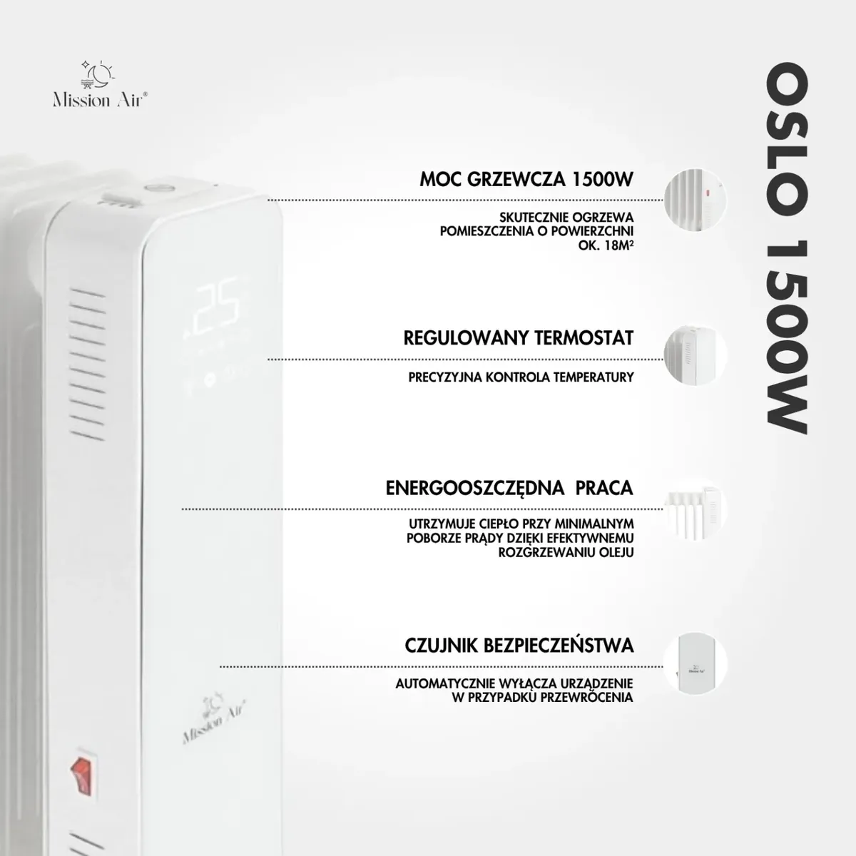 Grzejnik olejowy Mission Air OSLO 1500 W – WiFi, Elektryczny, Biały 8 - CzystyTlen.pl Grzejnik olejowy Mission Air OSLO 1500 W – WiFi, Elektryczny, Biały - obrazek 6