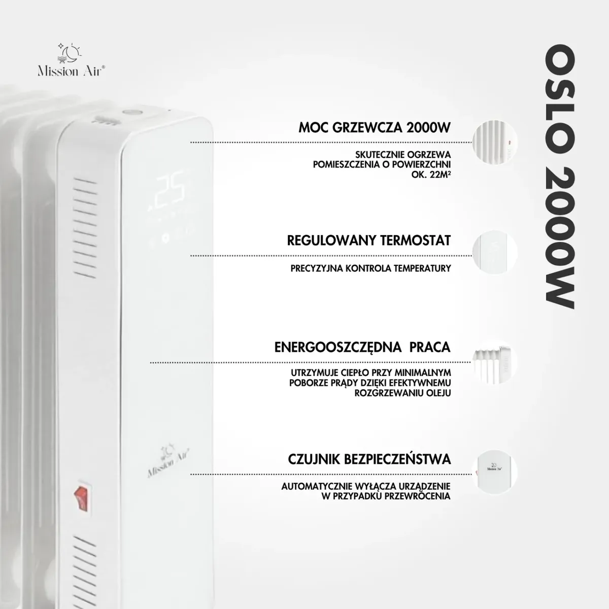 Grzejnik olejowy Mission Air OSLO 2000 W – WiFi, Elektryczny, Biały 8 - CzystyTlen.pl Grzejnik olejowy Mission Air OSLO 2000 W – WiFi, Elektryczny, Biały - obrazek 6